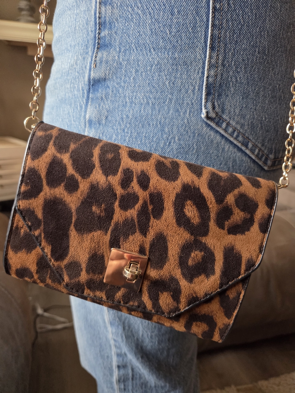 Leopard Print Chain Crossbody Bag in Brown and Black